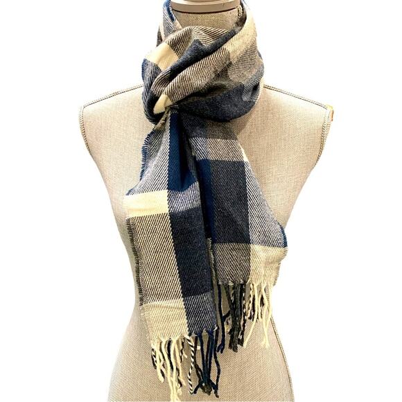 J. Crew Scarf Wrap Womens Unisex Blue Tan Plaid Check Knit Tartan Preppy - Picture 3 of 5